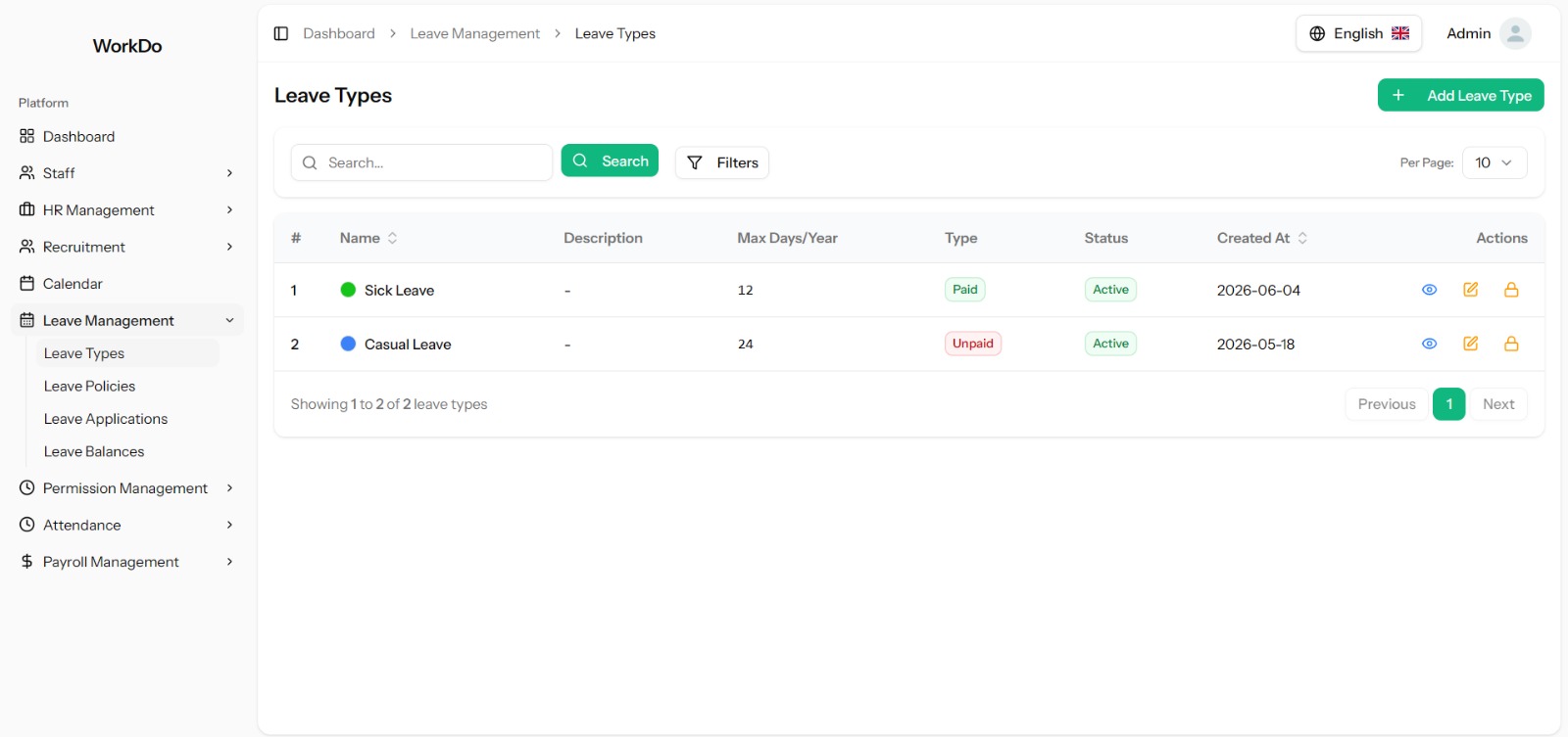 HRMS Leave Types Dashboard