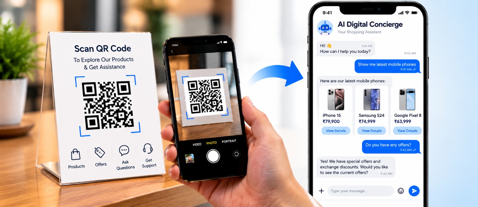 Customer scanning a QR code and chatting with the AI Digital Concierge on a smartphone